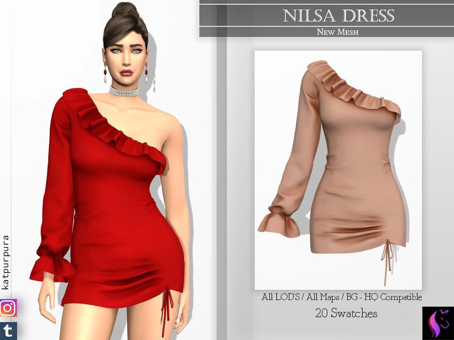 Платье с рюшами Nilsa Dress от KaTPurpura для Симс 4