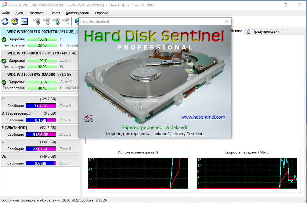 Hard Disk Sentinel Pro 6.01 Build 12540 RePack (& Portable) by Dodakaedr [Multi/Ru]