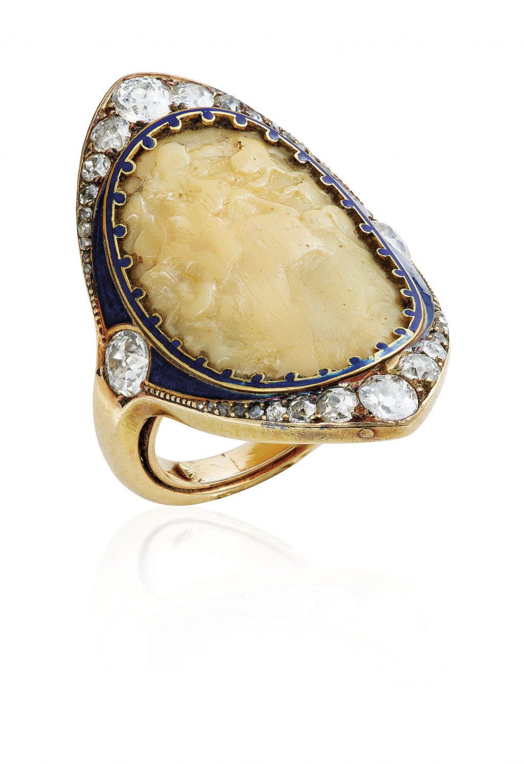 AN ART NOUVEAU GALALITH, DIAMOND AND ENAMEL RING, BY REN? LALIQUE.jpg