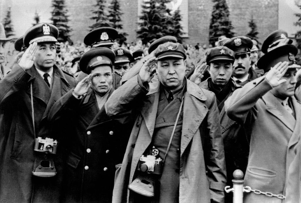 USSR RED ARMY PARADE, 1966. Parade of the Red Army in Red Square. Military attach?s from the People's Republic of China watching the parade, 01.05.1966.jpg