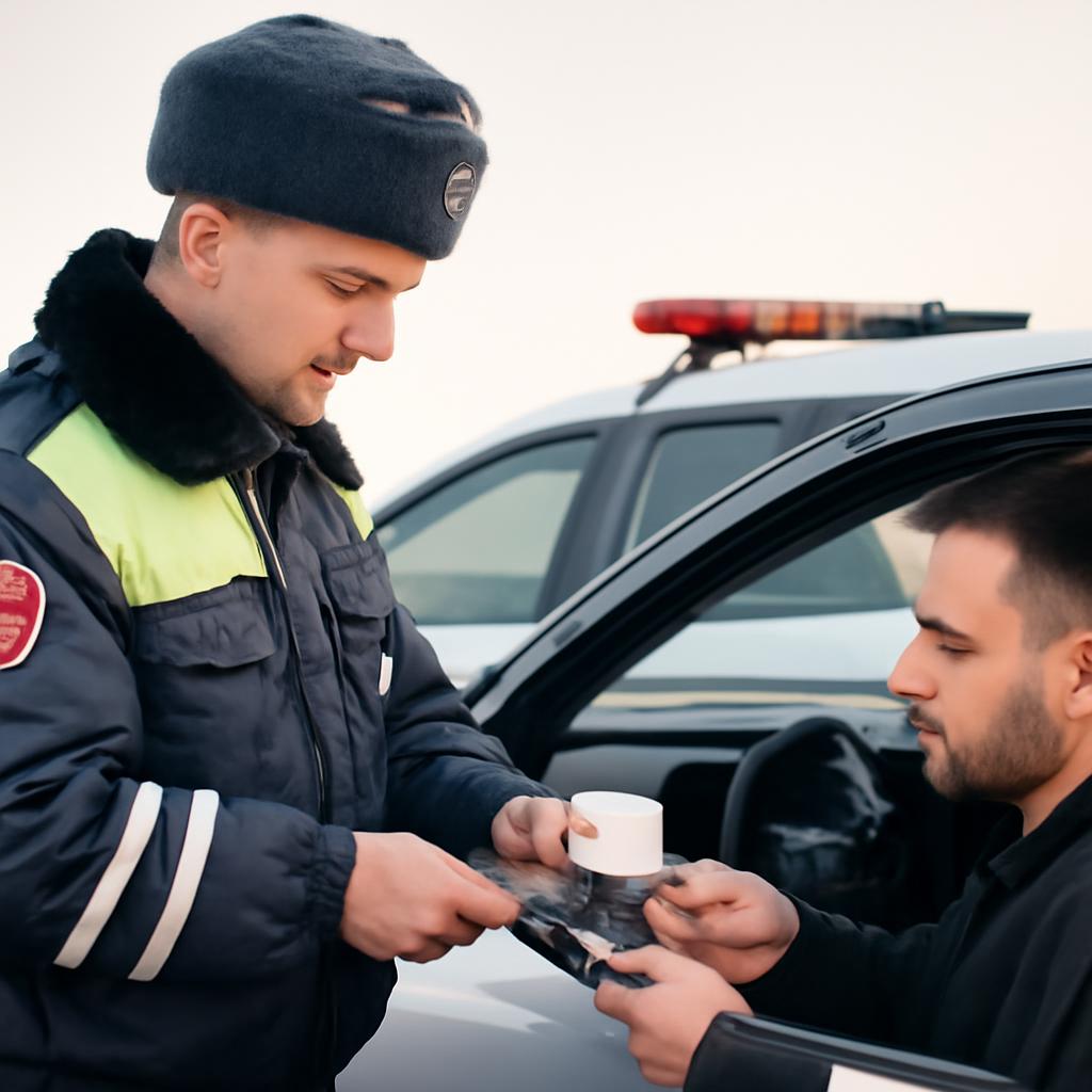 Сотрудник ГИБДД проверяет документы у водителя на фоне патрульного автомобиля.