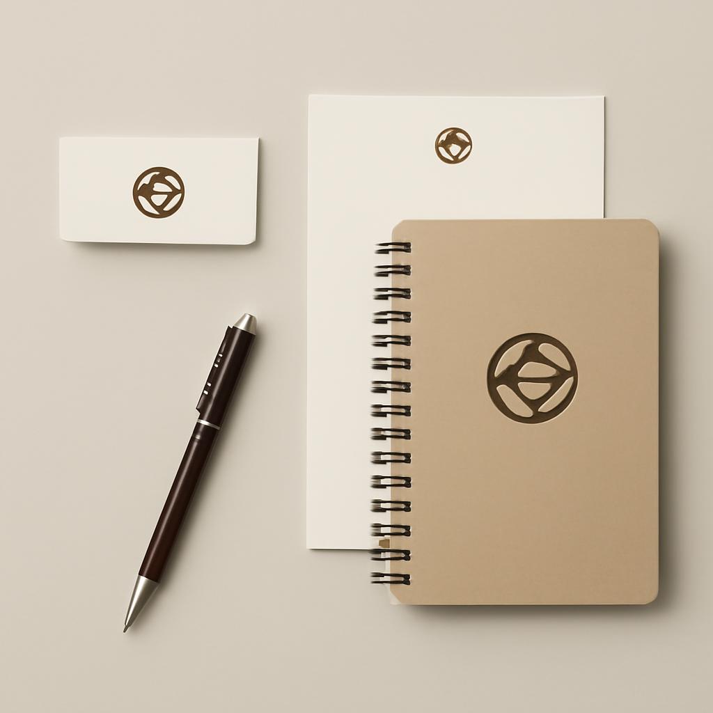 Пример элементов фирменного стиля: визитка, бланк, ручка и блокнот с логотипом компании