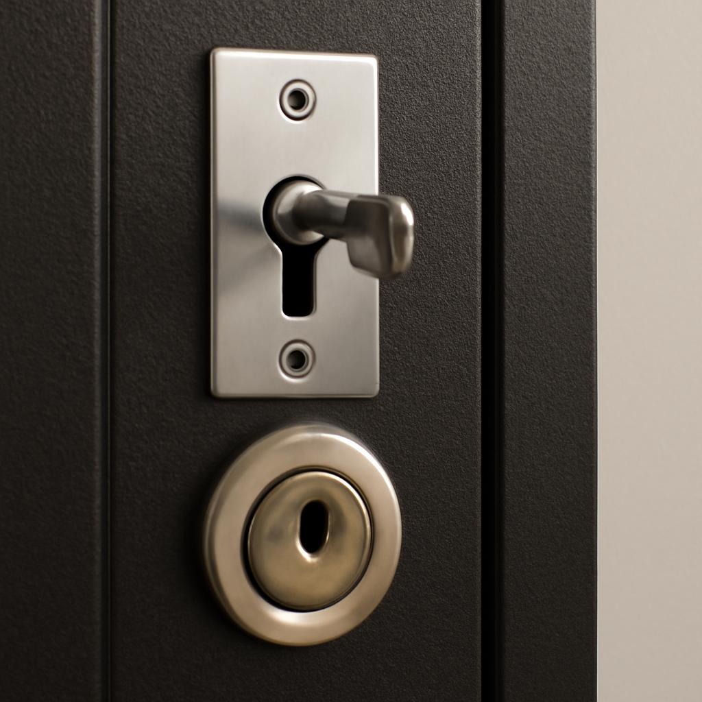 Два разных замка на металлической двери: сувальдный и цилиндровый с броненакладкой.