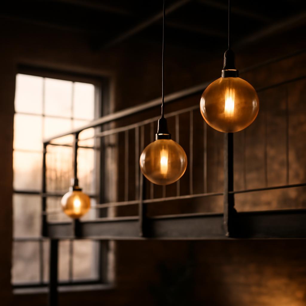 Освещение антресольного этажа в стиле лофт с подвесными лампами