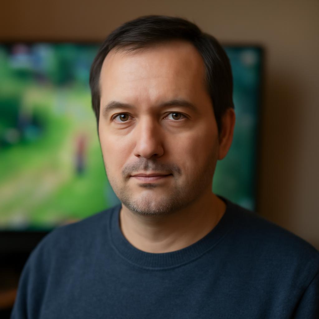 Дмитрий Ковалёв — портрет автора статьи, мужчина средних лет в casual одежде на фоне игрового экрана