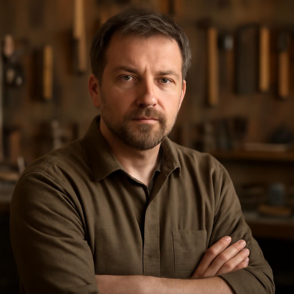 Дмитрий Козлов — портрет автора статьи, мужчина средних лет в мастерской с инструментами