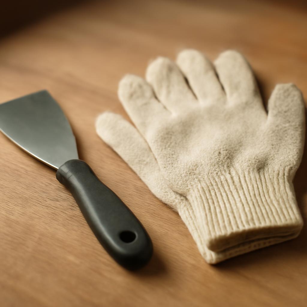 Инструменты для демонтажа москитной сетки: шпатель и перчатки