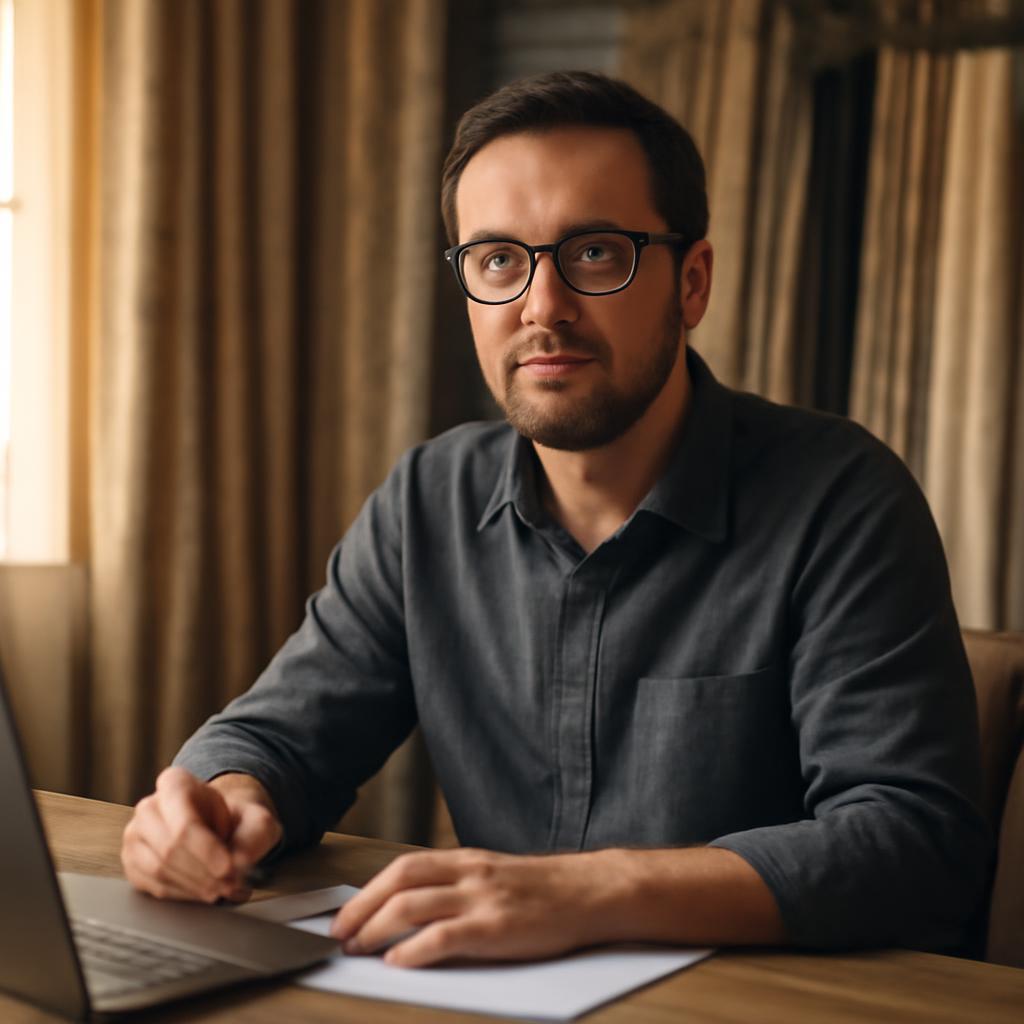 Алексей Григорьев — фото специалиста за рабочим столом с тканями для штор в студии дизайна