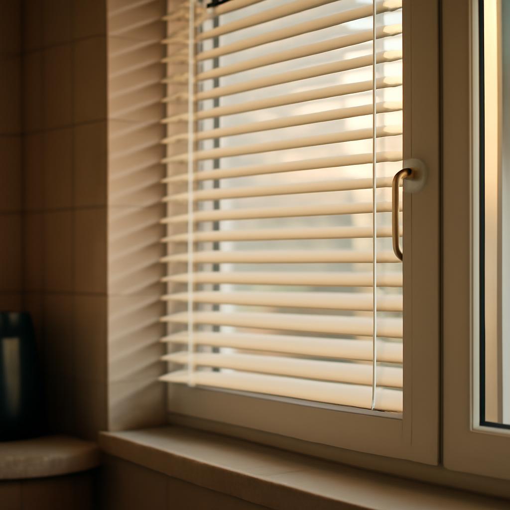 Горизонтальные жалюзи на пластиковом окне в кухне