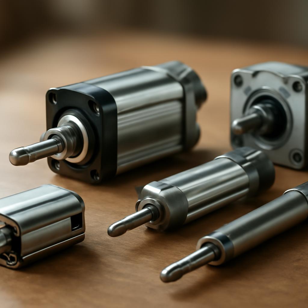 Пневмоцилиндр: устройство и применение в промышленности Различные виды пневмоцилиндров на иллюстрации: линейные, поворотные и телескопические