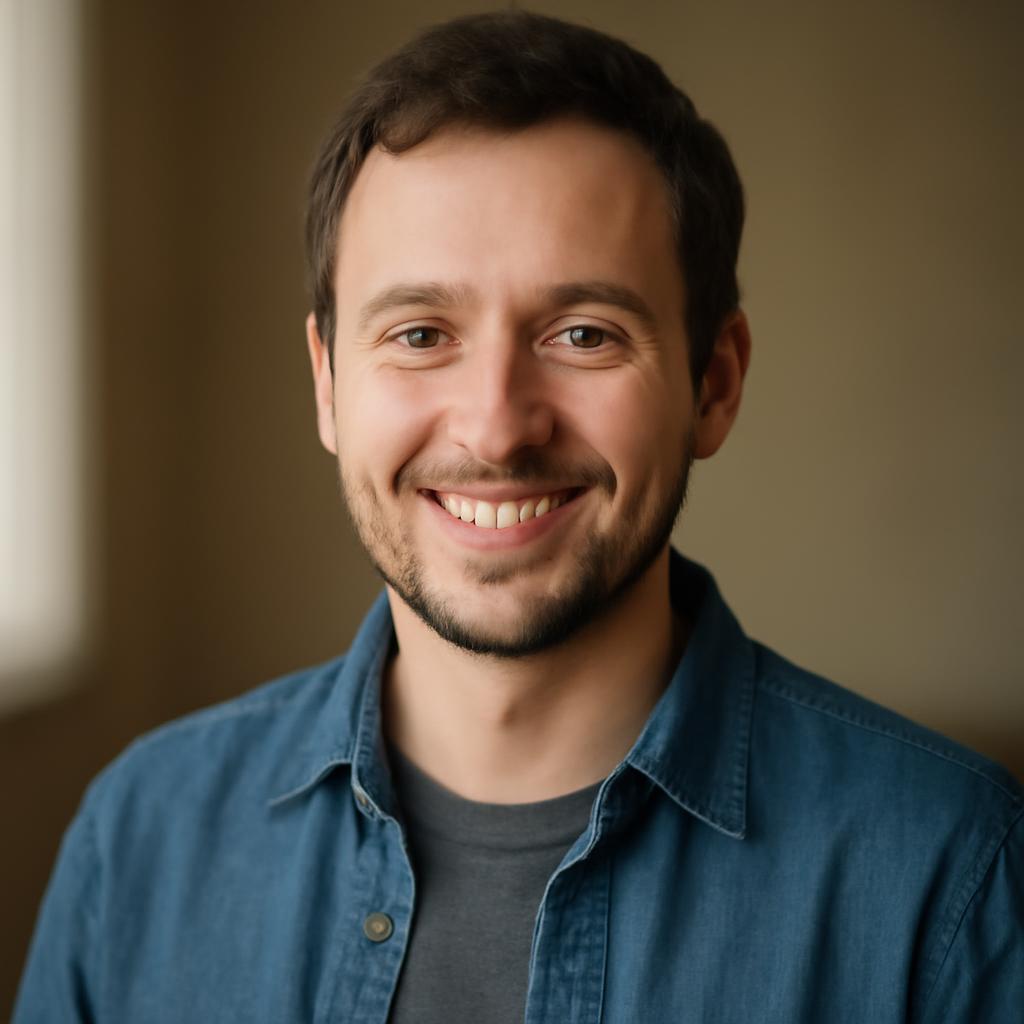 Роман Белкин — портрет автора статьи, фото в студии с улыбкой и в casual одежде