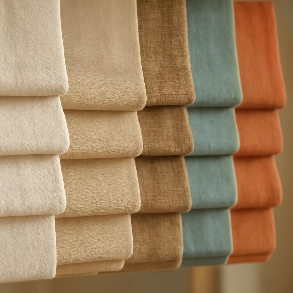 Разнообразие материалов и цветов римских штор