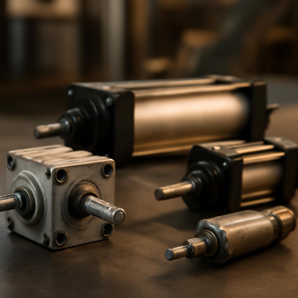Различные типы воздушных цилиндров на промышленном стенде