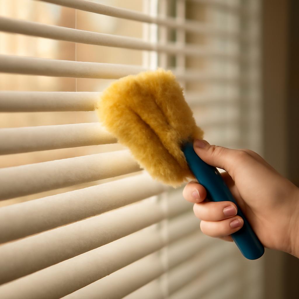 Процесс чистки горизонтальных жалюзи от пыли