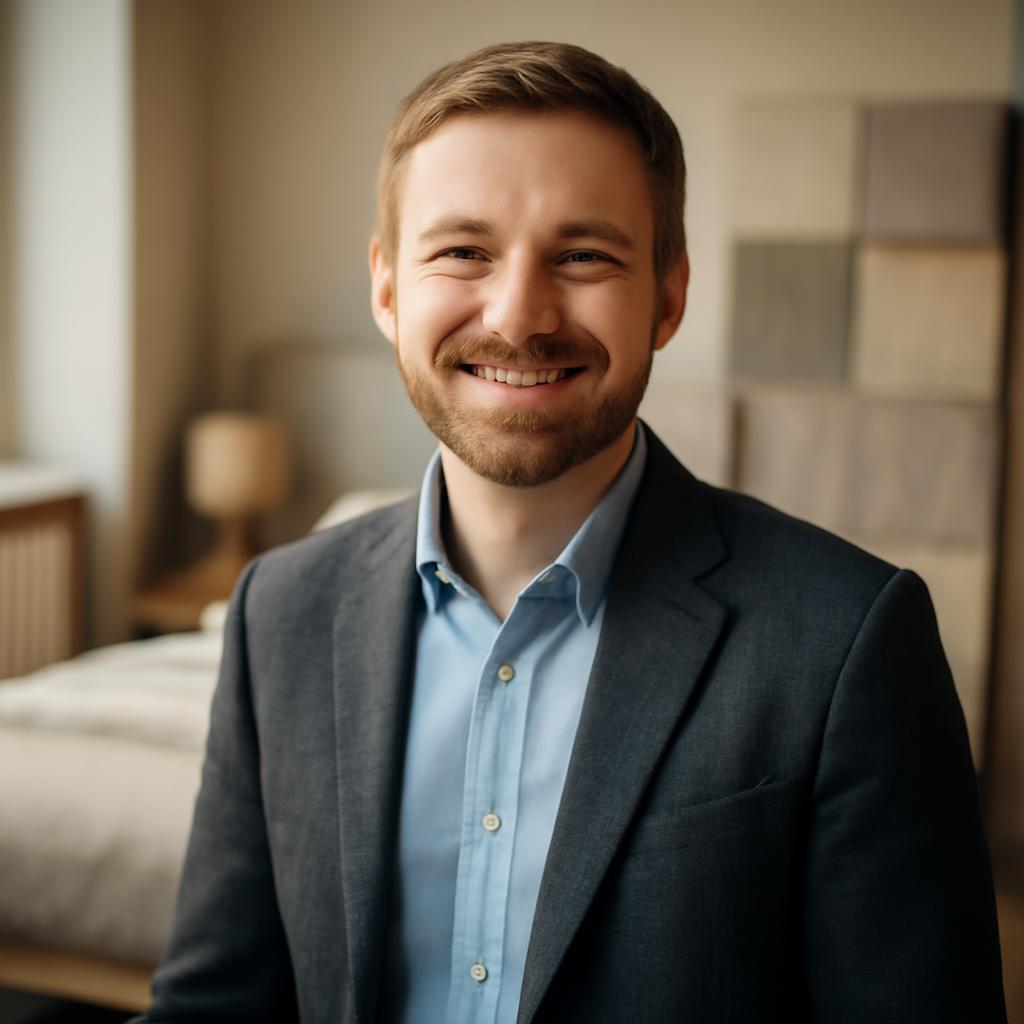 Виктор Кузнецов — портрет специалиста по интерьерному текстилю в студии, с улыбкой на фоне макета комнаты