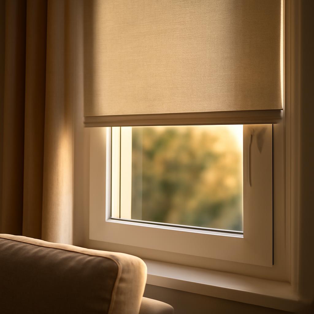 Рулонные жалюзи на пластиковом окне в гостиной