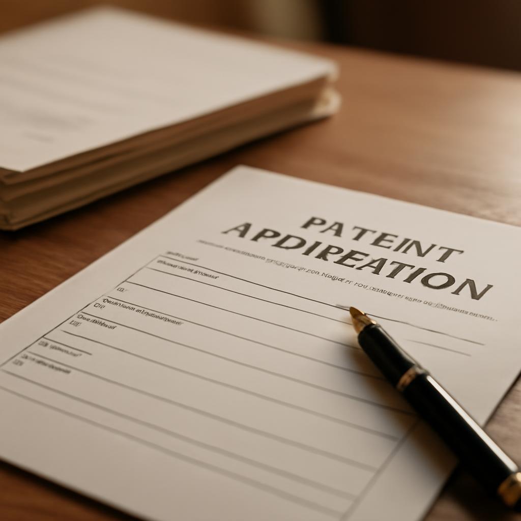 Документы для патентного бюро на столе с ручкой и формой заявки