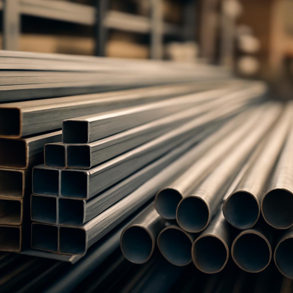 Склад металлобазы с рядами профилей и труб