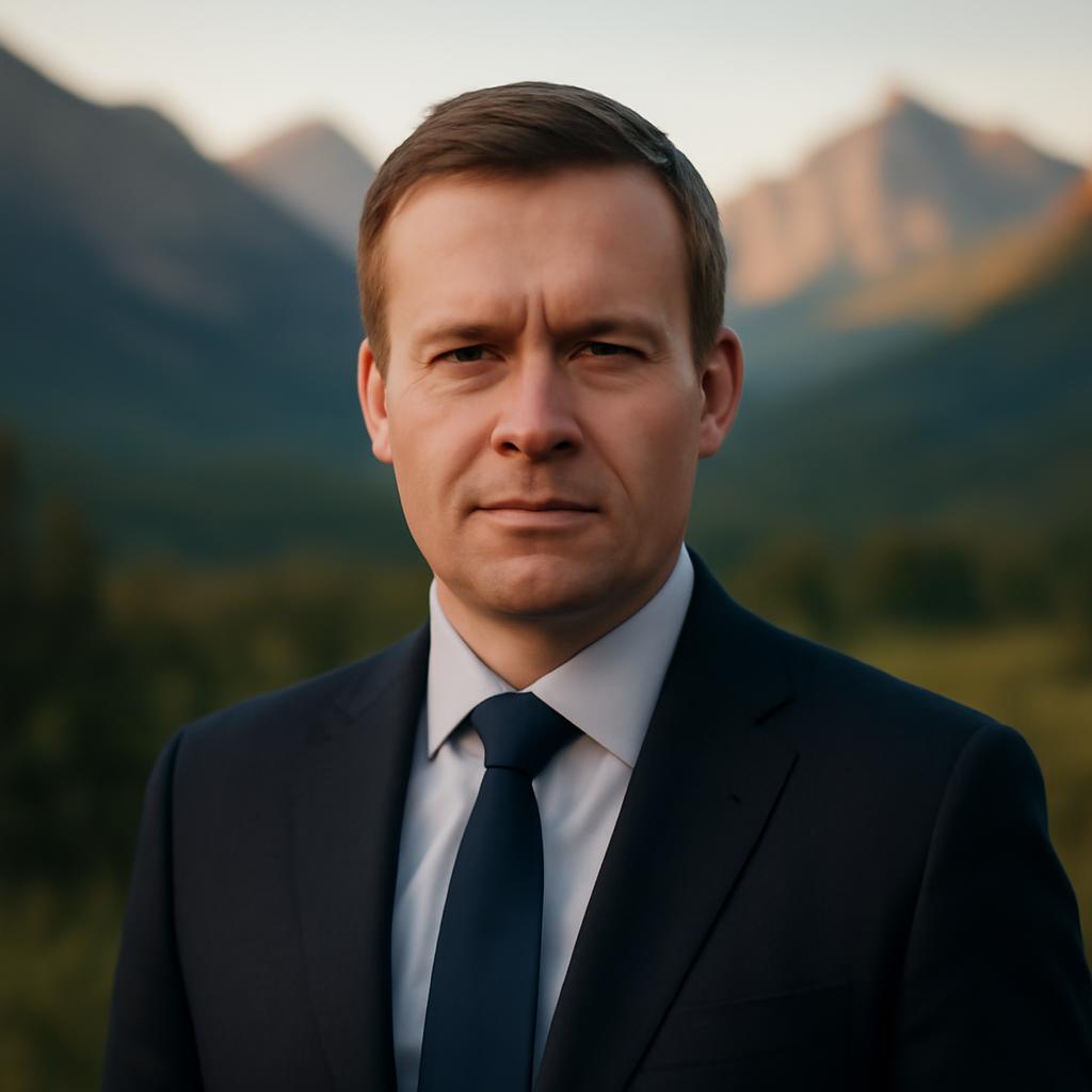 Алексей Морозов — портрет эксперта в деловом костюме на фоне горного пейзажа