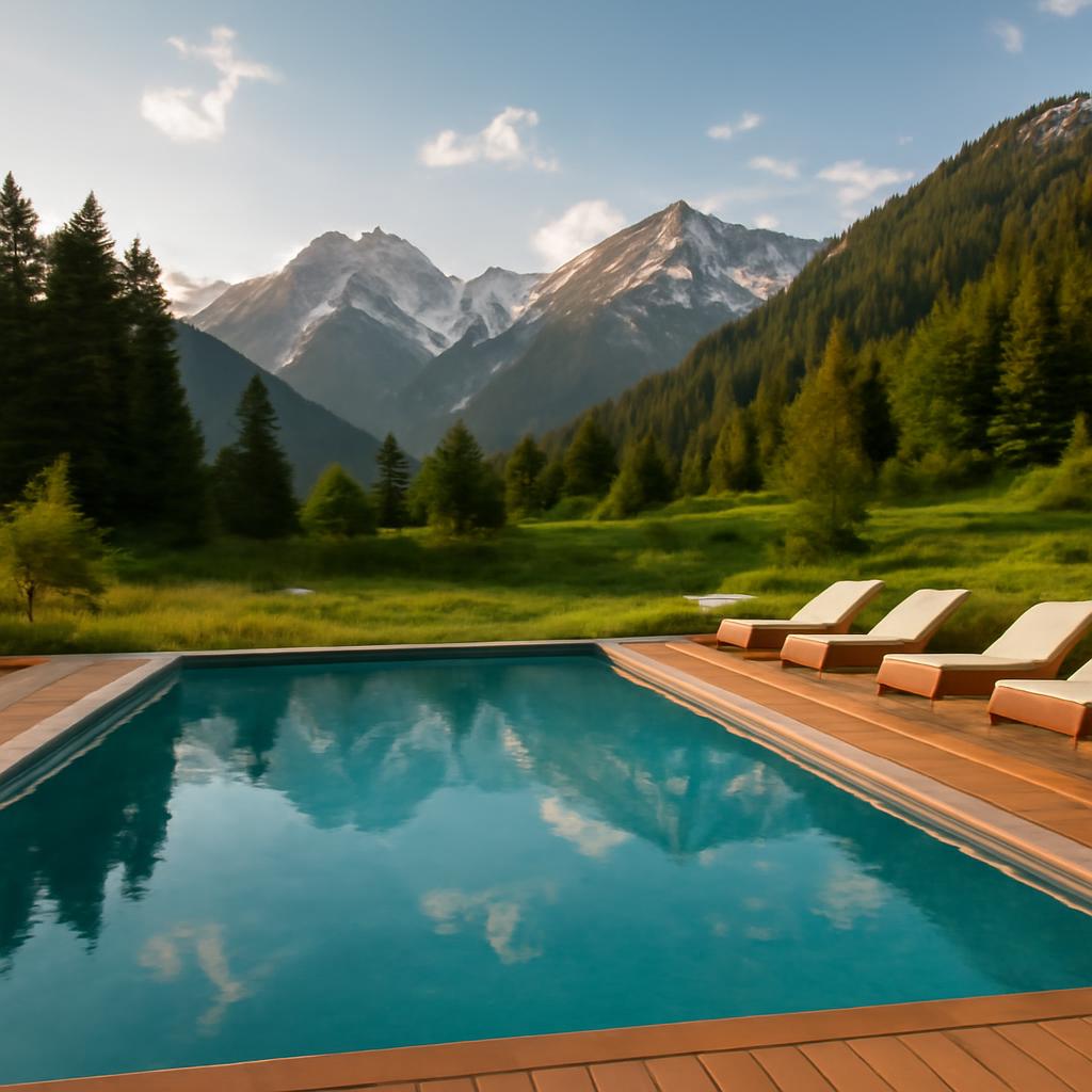 Бассейн в эко-отеле Архыза с видом на горы