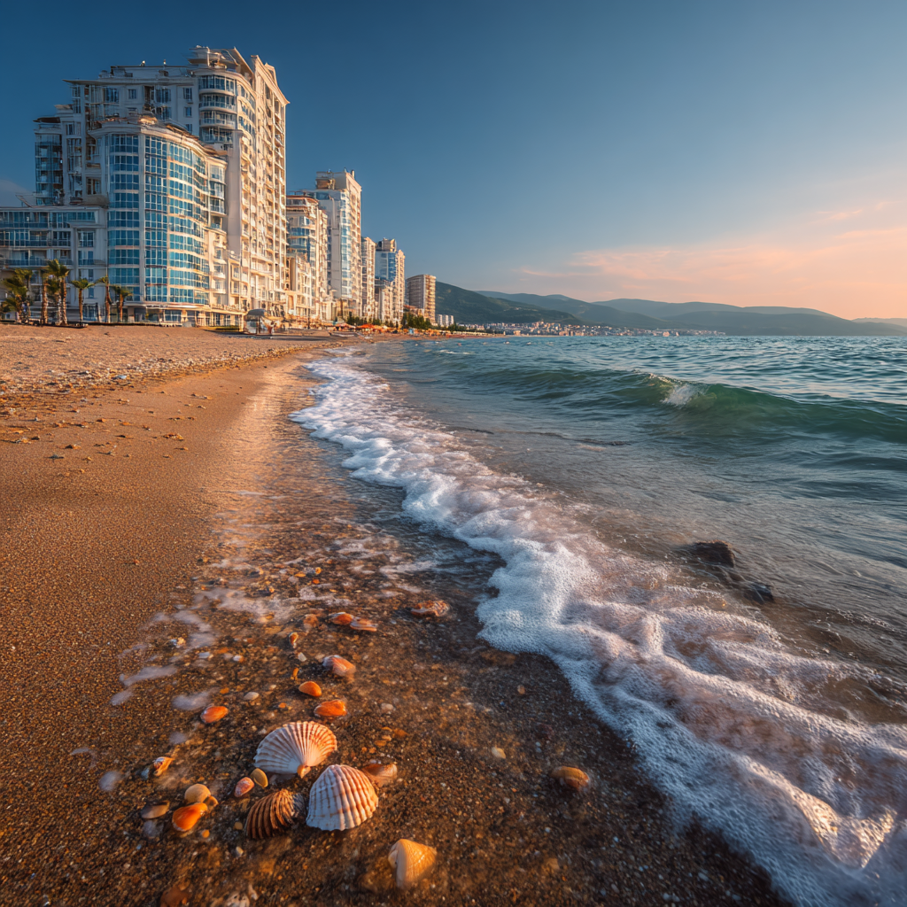 Пляж в Адлере с видом на жилые комплексы и горы