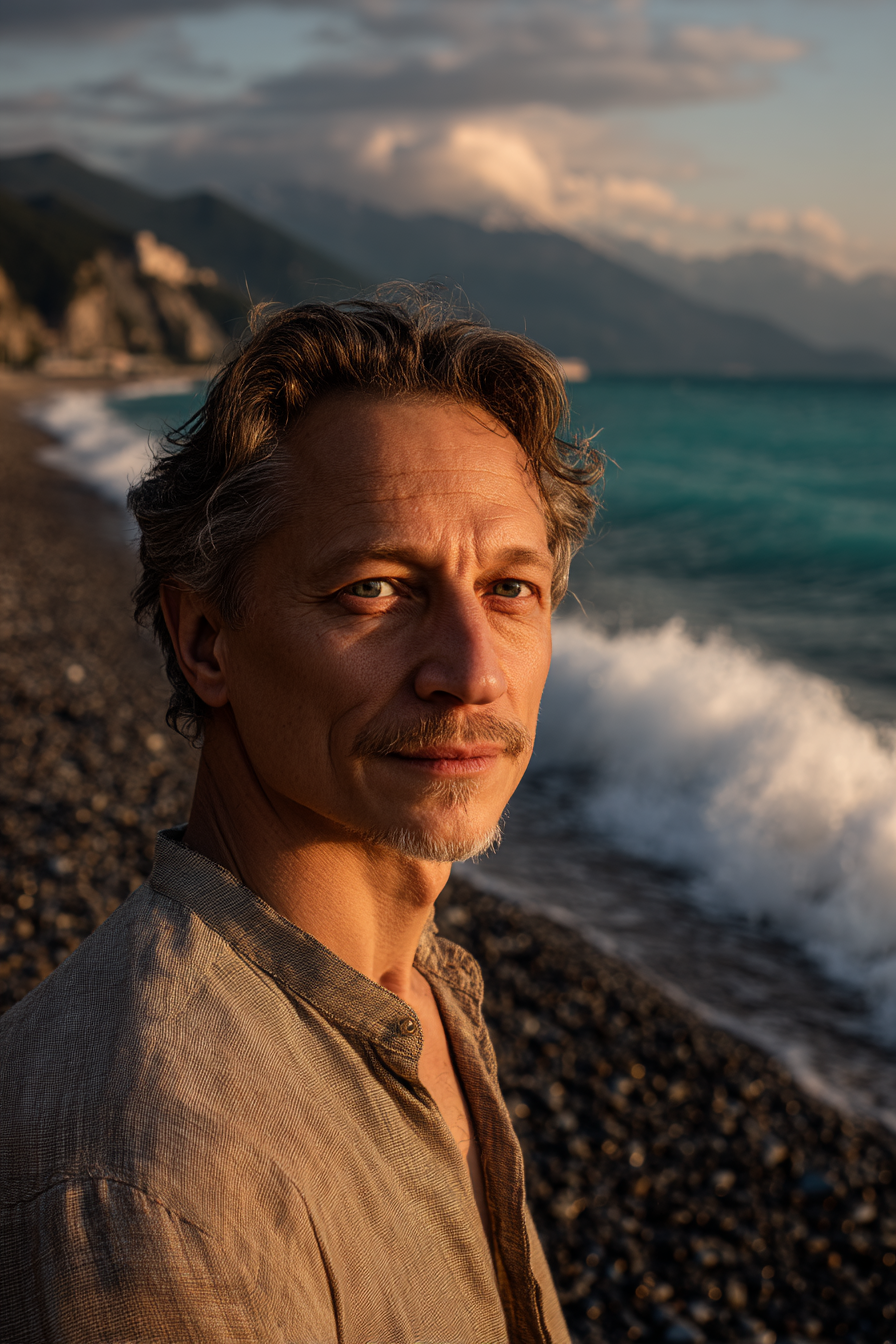 Дмитрий Воробьев &mdash; портрет автора на фоне моря и гор в Сочи