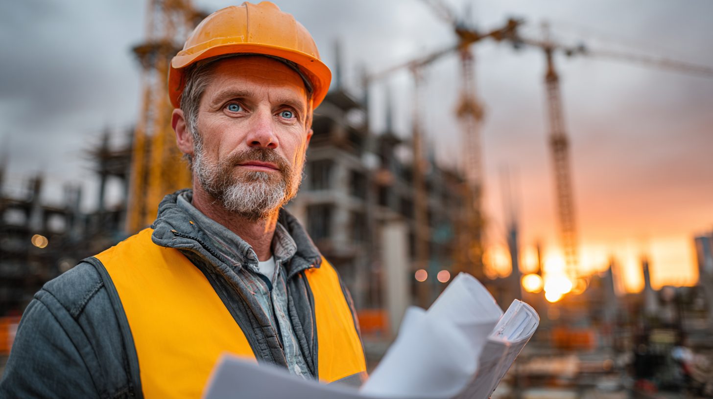 Сергей Волков — портрет автора на фоне бетонной стройплощадки в защитной жилетке и каске с чертежами в руках