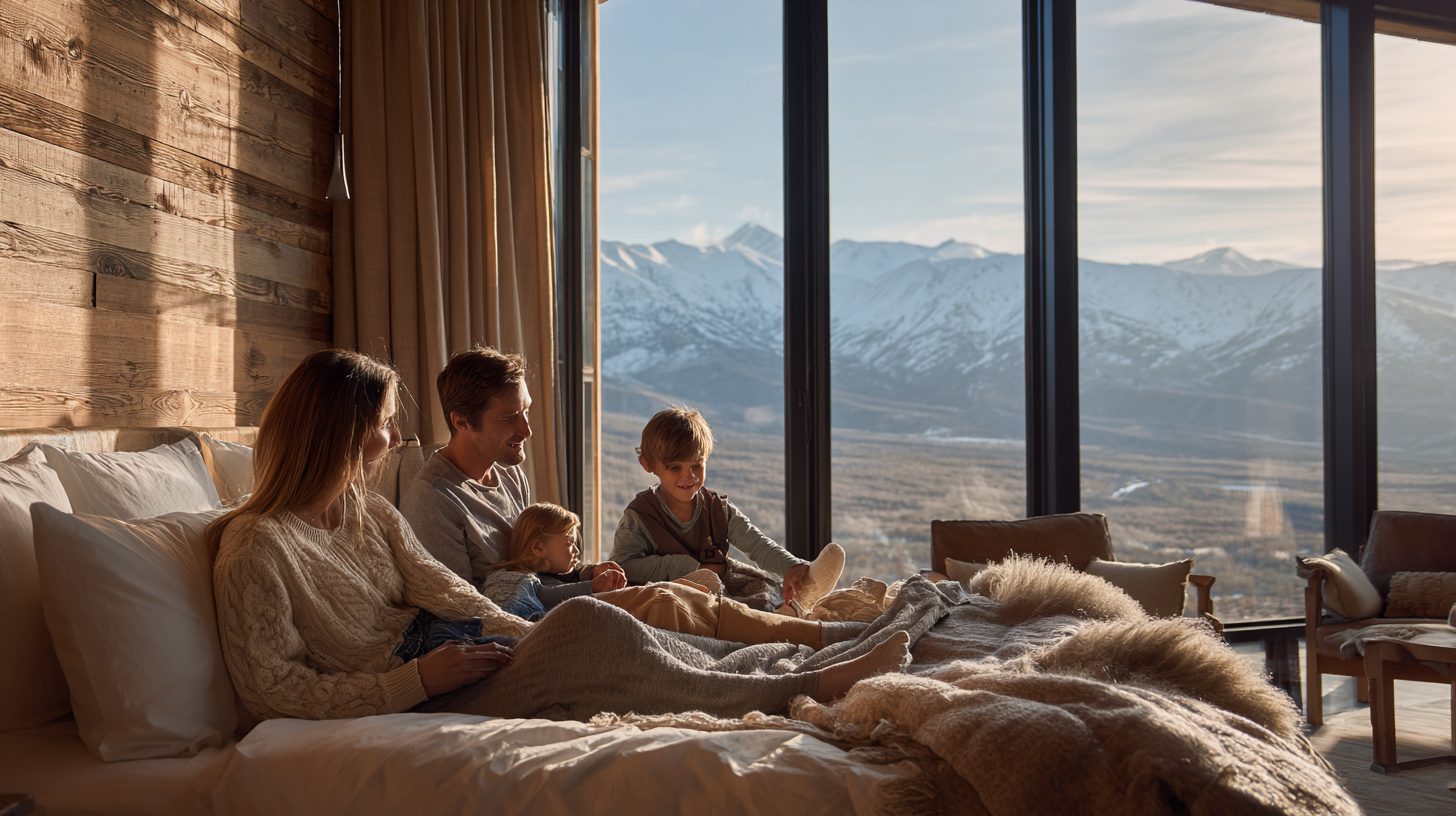 Семья в номере отеля Kayasity с видом на горы Архыза