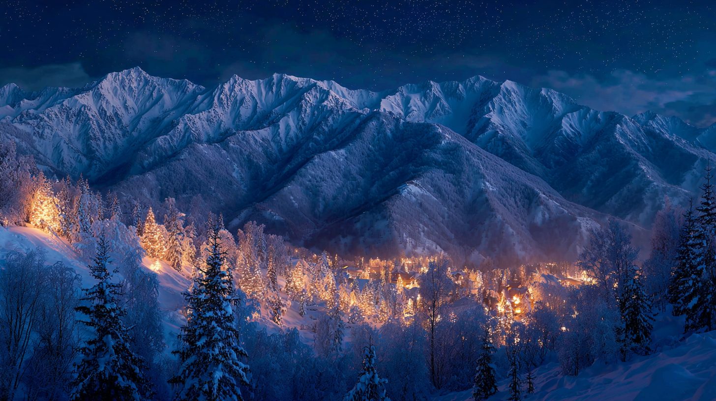 Заснеженные горы Архыза под новогодними огнями