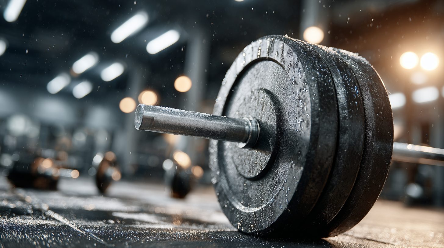Спортивная штанга в зале с блинами