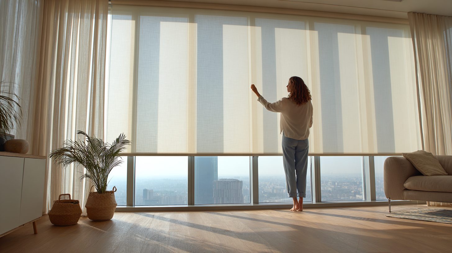 Процесс регулировки рулонных штор на окне в квартире