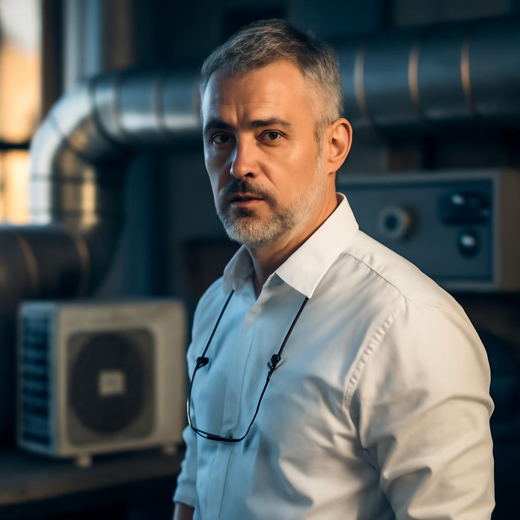 Дмитрий Козлов — портрет инженера-теплотехника в профессиональной обстановке с элементами климатического оборудования