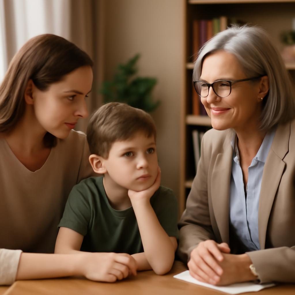 Родитель и ребенок обсуждают эмоции с психологом