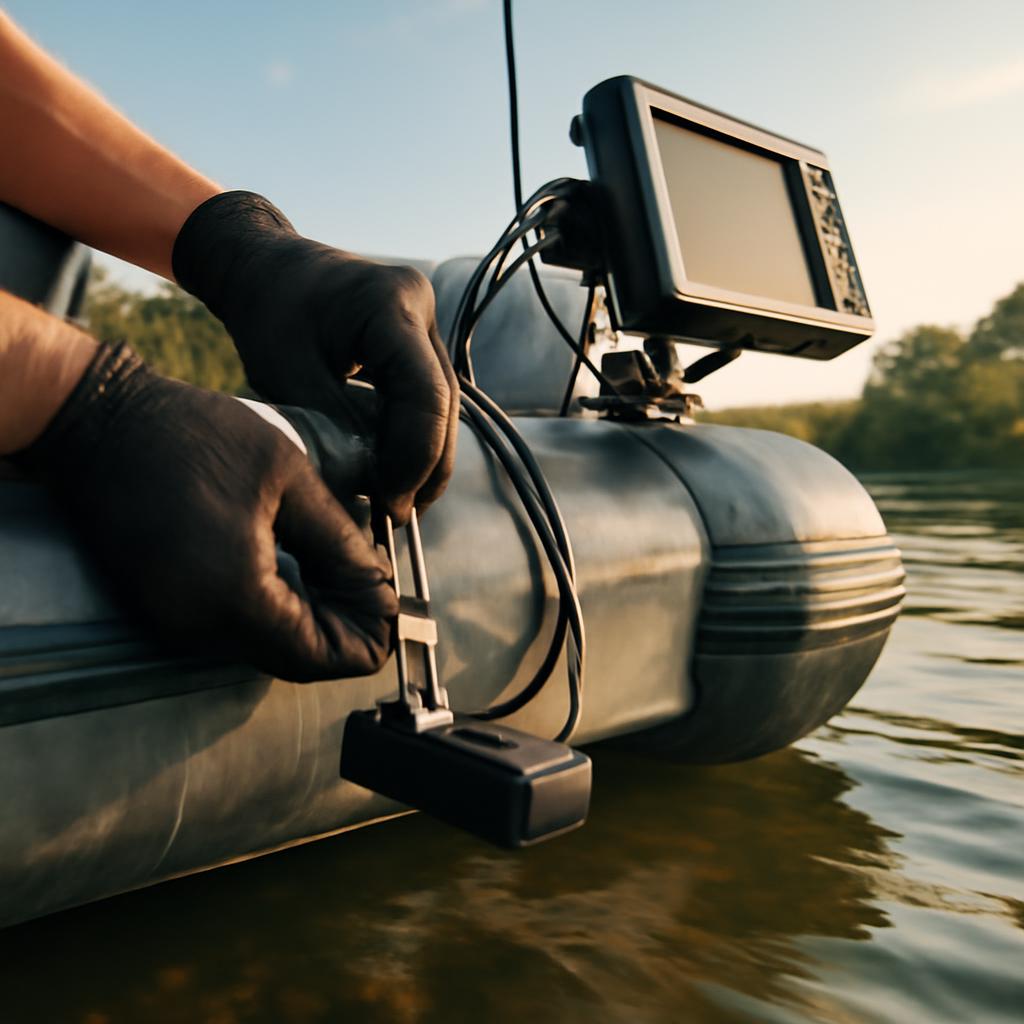 Установка эхолота на риб-лодке для рыбалки