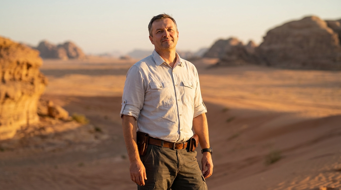 Дмитрий Соколов — портрет эксперта в автопутешествиях по Ближнему Востоку, фото в деловом стиле с фоном пустыни