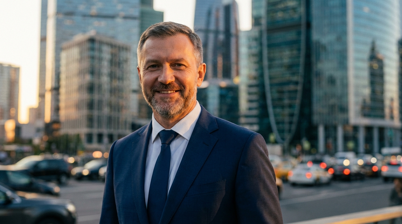 Дмитрий Соколов — портрет автора в деловом костюме на фоне городского пейзажа