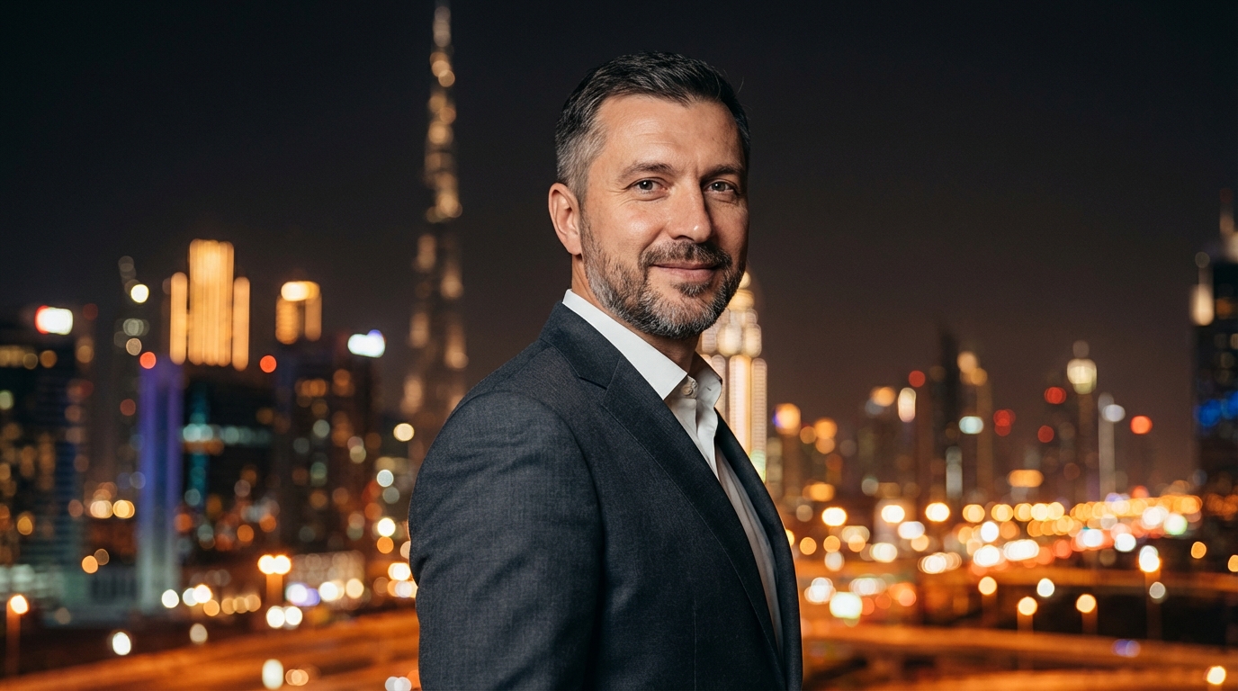 Дмитрий Волков &mdash; портрет автора статьи об аренде автомобилей в ОАЭ, фото в пол-оборота на фоне городских огней Дубая