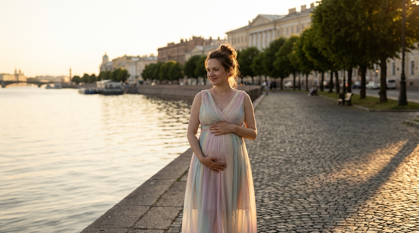 Беременная женщина на спокойной прогулке у Невы