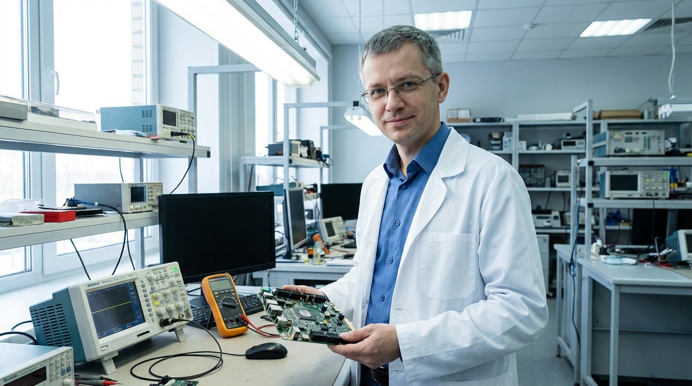 Дмитрий Соколов — фото инженера средних лет в лабораторной обстановке с элементами электрооборудования