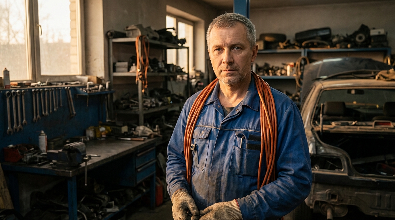 Сергей Козлов — портрет инженера в рабочей одежде на фоне гаражного оборудования