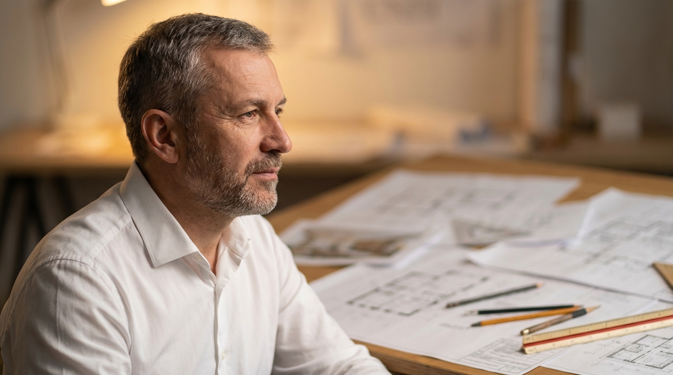 Сергей Воронин — портрет автора в профиль на фоне строительных чертежей