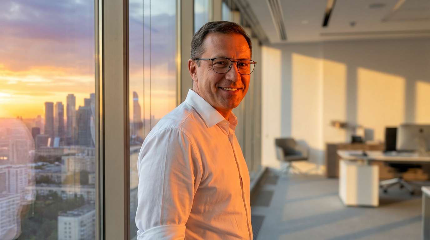 Дмитрий Козлов — фото эксперта в современном офисе с видом на город, в рубашке и очках, улыбающийся