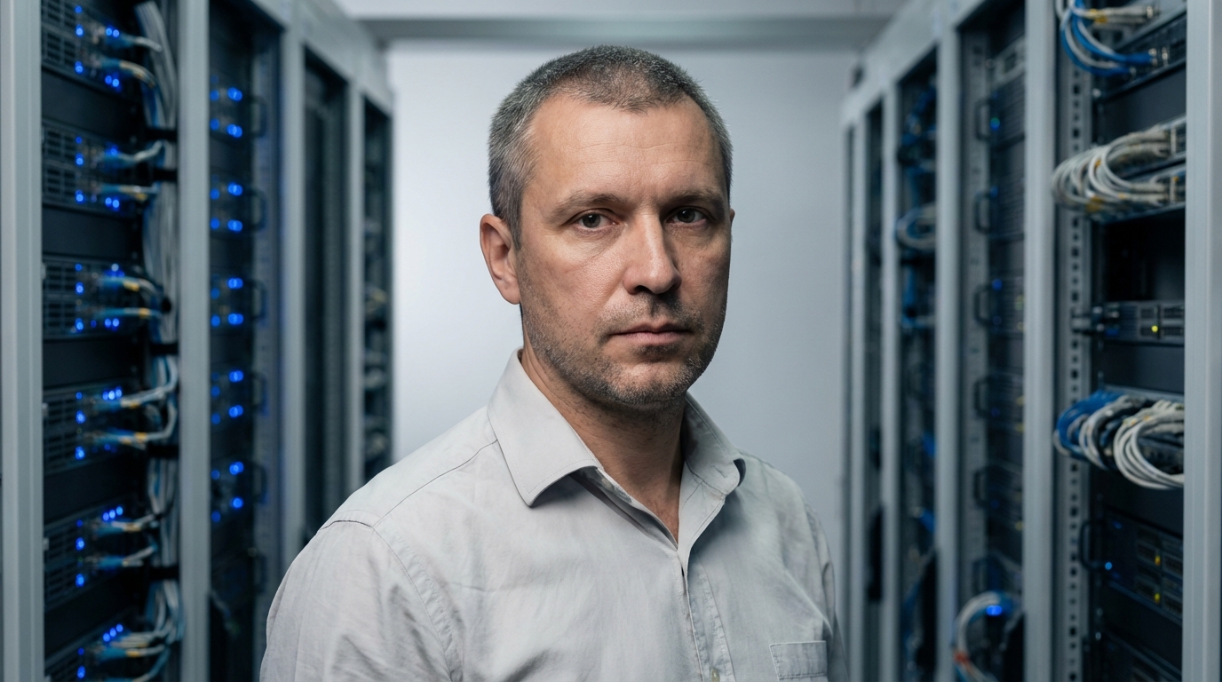 Дмитрий Соколов — портрет автора статьи, мужчина около 45 лет в светлой рубашке, с серьезным взглядом на фоне серверных стоек