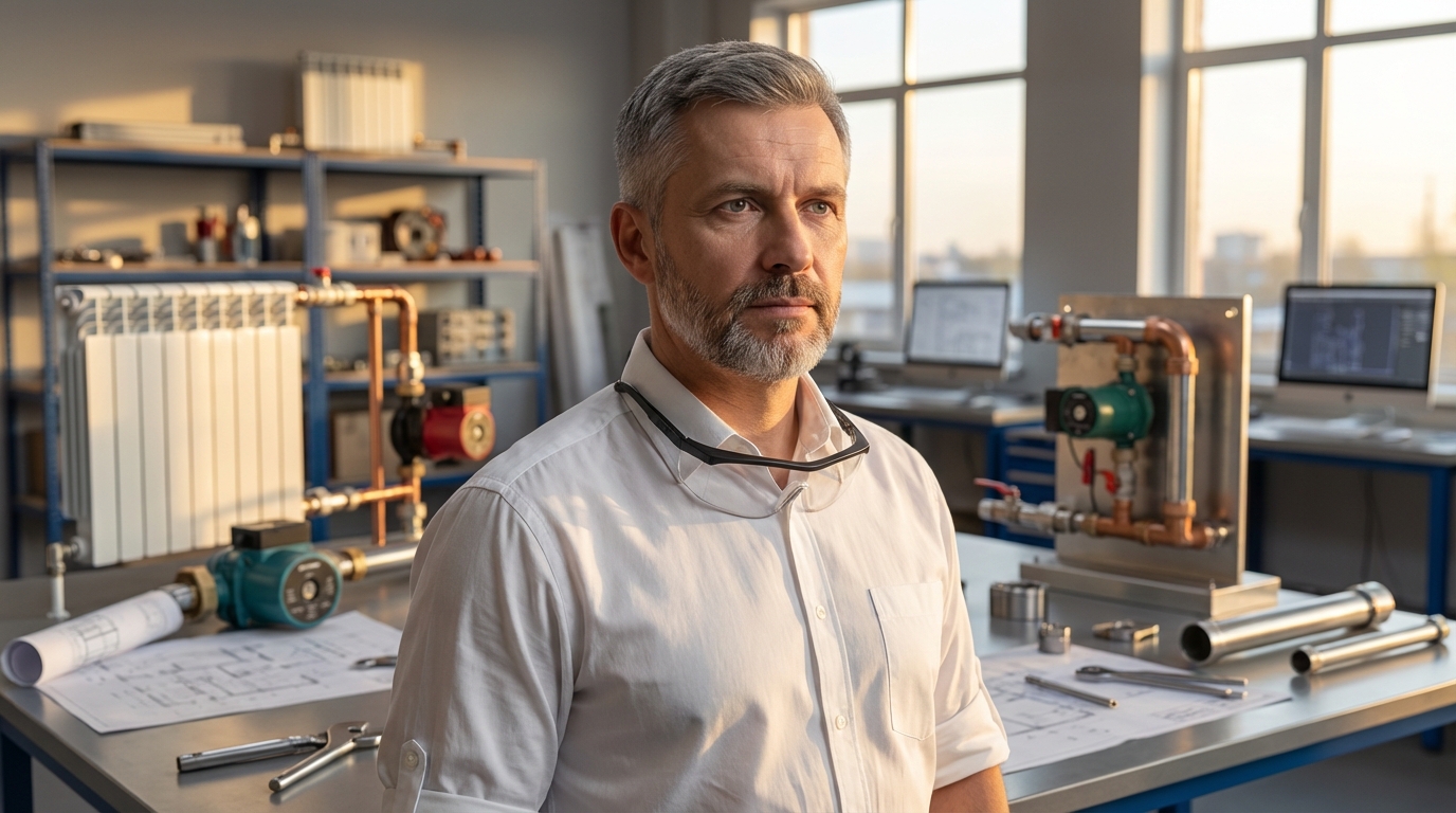 Дмитрий Соколов — портрет специалиста в инженерной мастерской с моделями систем отопления на фоне