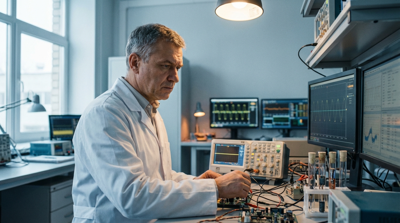 Алексей Воронин — портрет инженера в лабораторной обстановке с элементами электрического оборудования