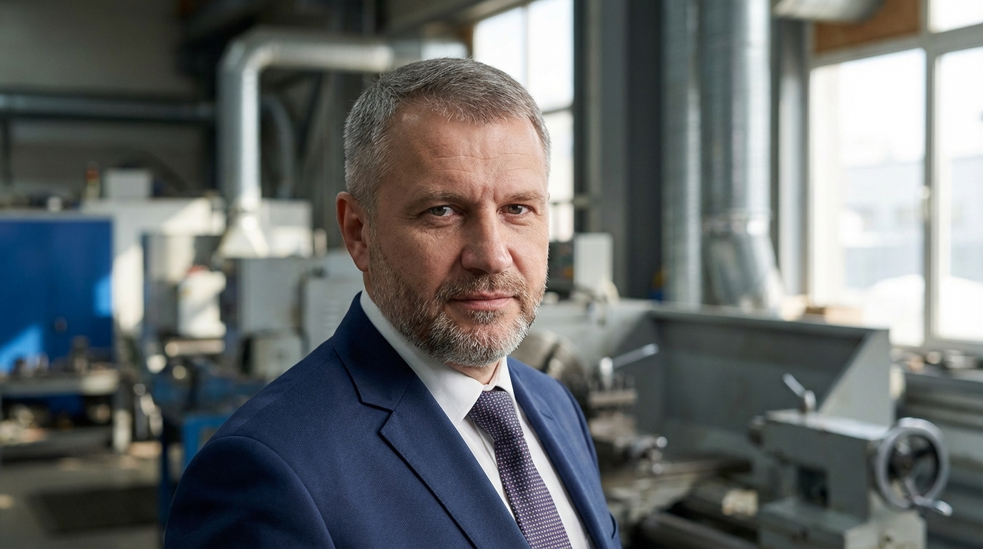 Дмитрий Соколов — портрет автора в деловом костюме на фоне промышленного оборудования