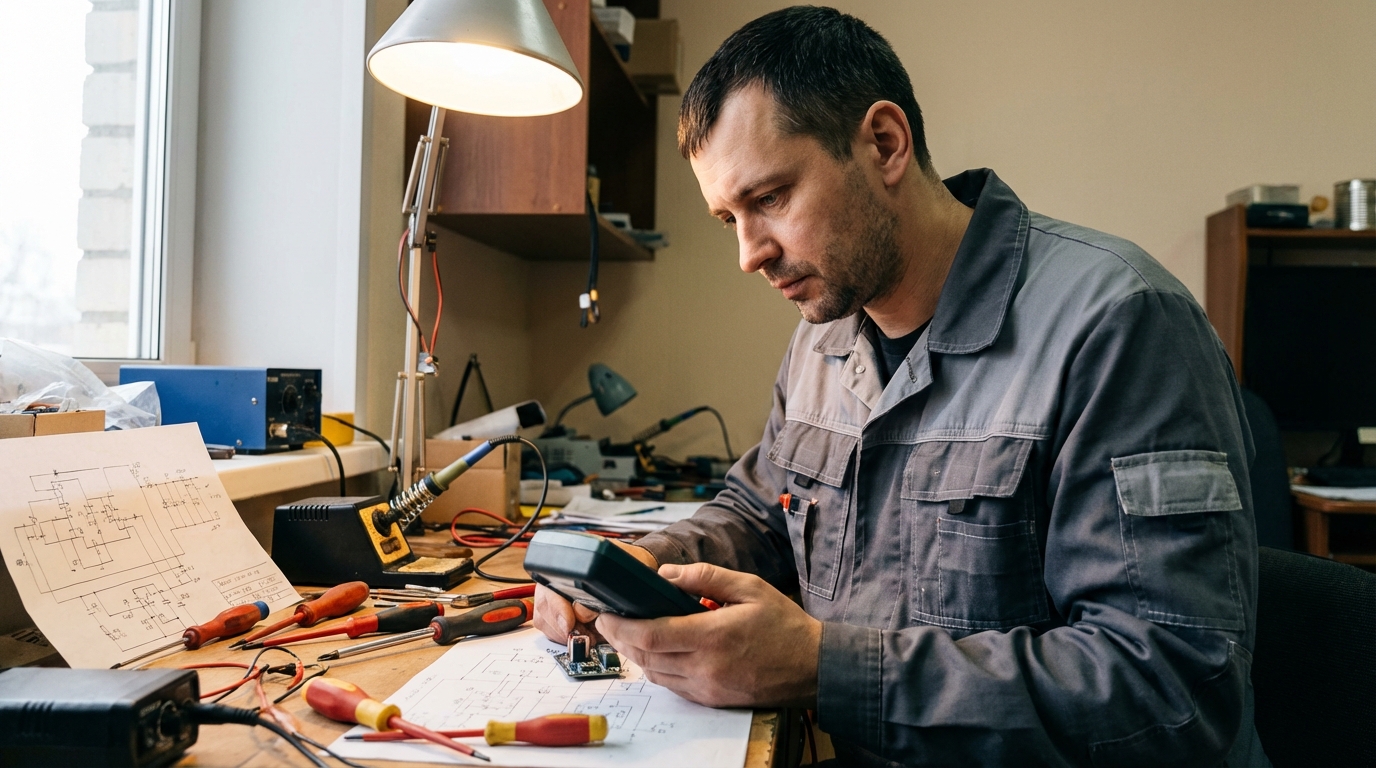 Дмитрий Соколов — фото инженера-электрика в мастерской с инструментами