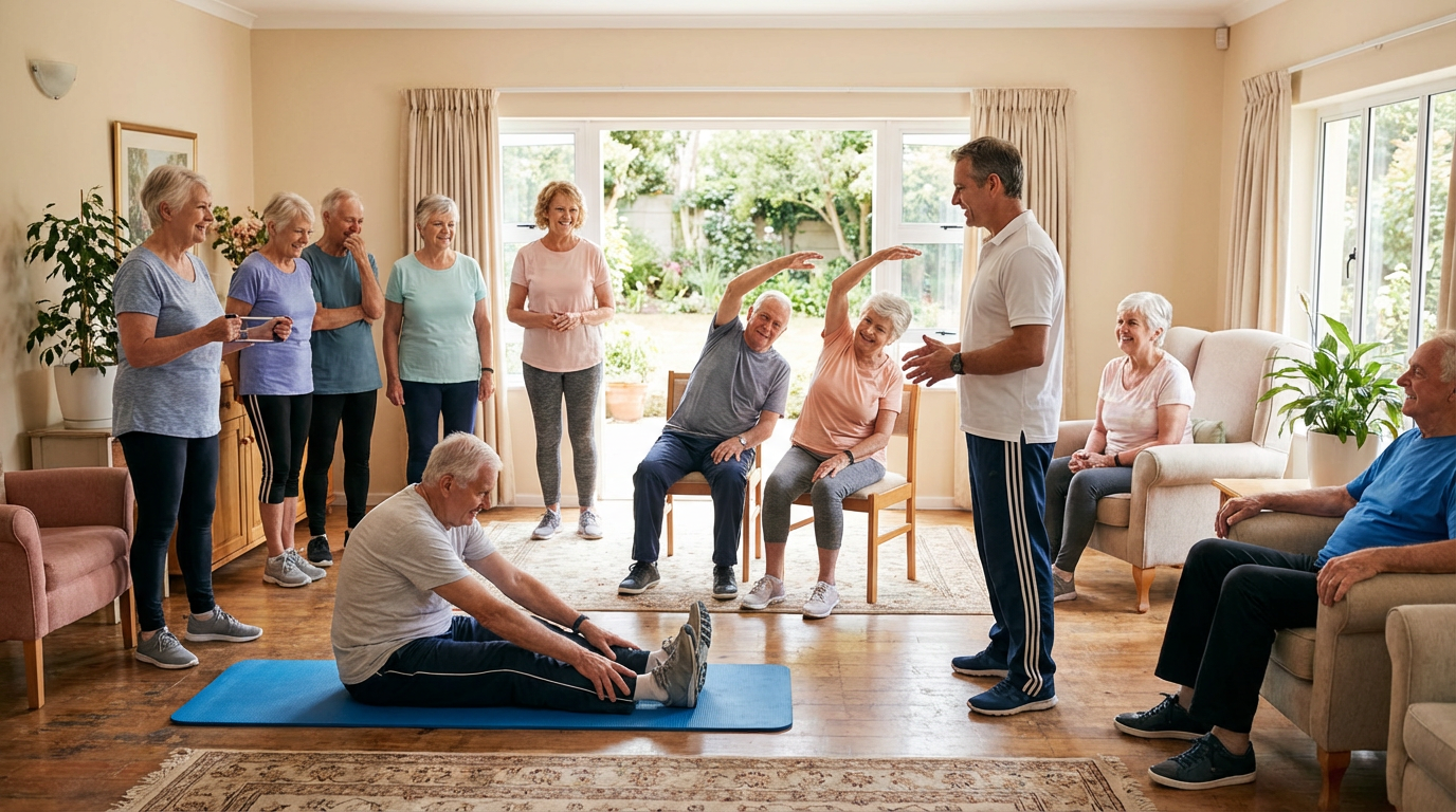 Занятия ЛФК в пансионате для пожилых