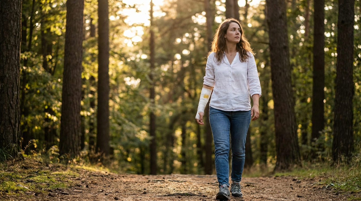 Женщина в бандаже во время прогулки на свежем воздухе