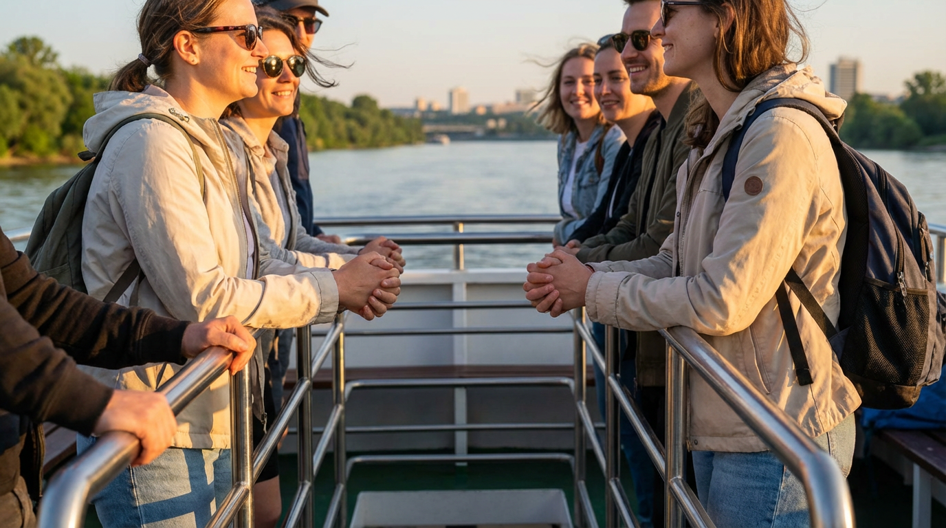 Пассажиры держатся за поручни на палубе речного трамвайчика